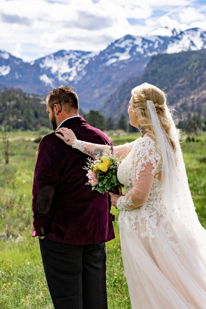 Bride and Groom at Moraine Park, Rocky Mountain National Park, for an Colorado elopement with professional photos by a Colorado elopement photographer