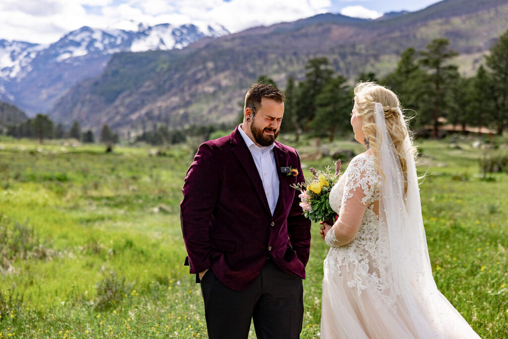 Bride and Groom at Moraine Park, Rocky Mountain National Park, for an Colorado elopement with professional photos by a Colorado elopement photographer