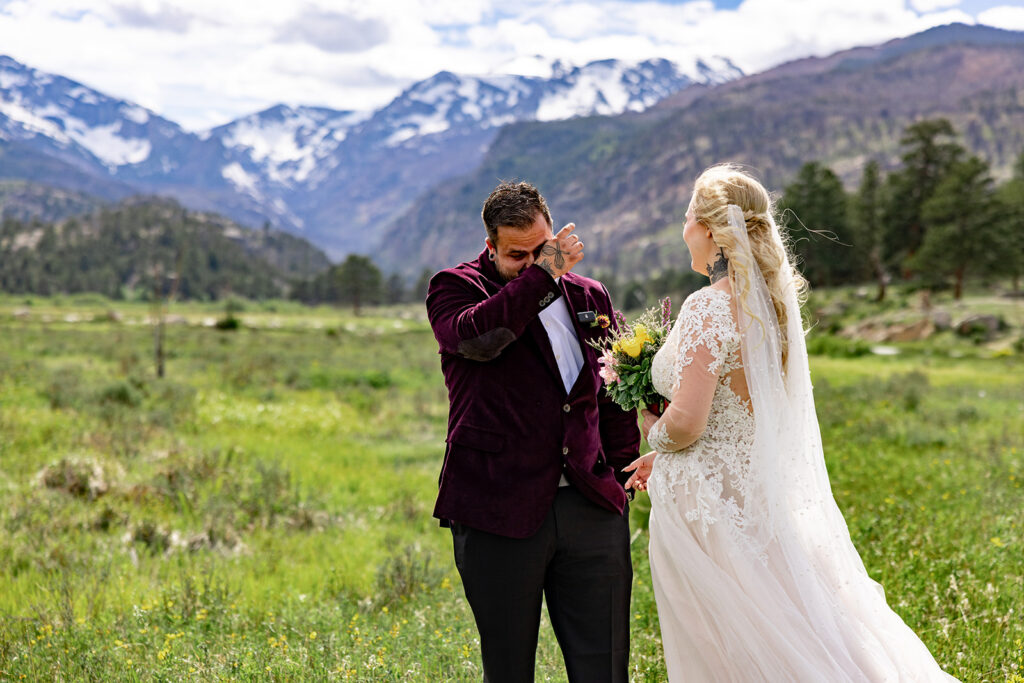 Bride and Groom at Moraine Park, Rocky Mountain National Park, for an Colorado elopement with professional photos by a Colorado elopement photographer