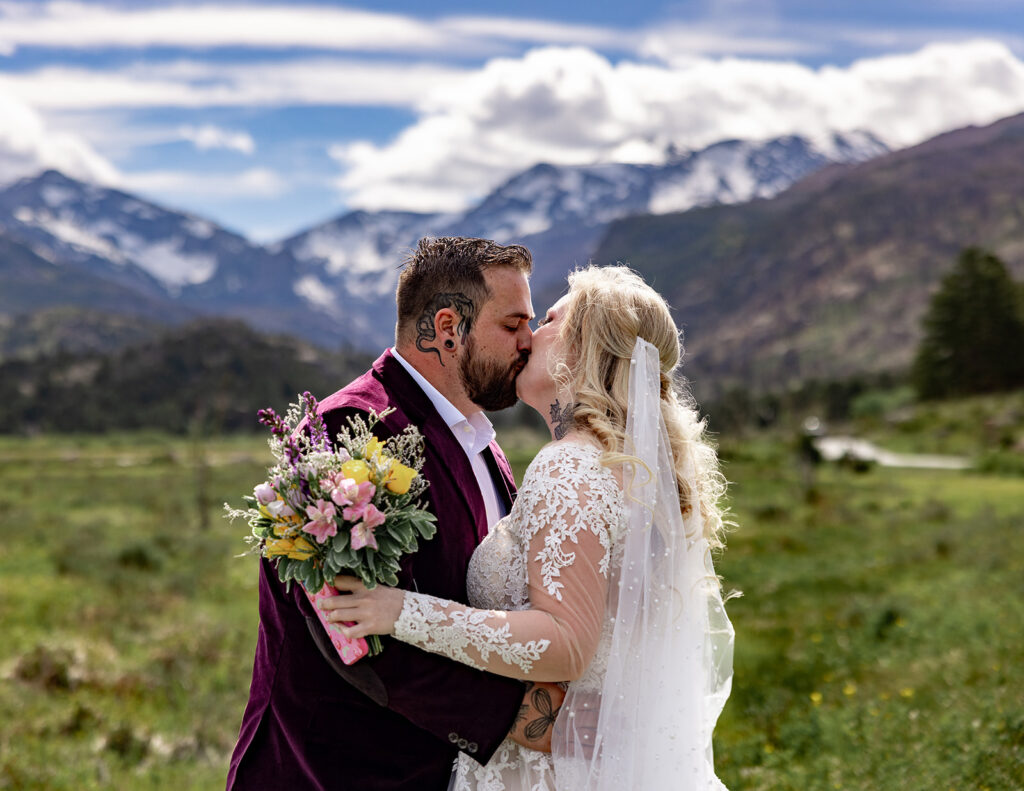 Bride and Groom at Moraine Park, Rocky Mountain National Park, for an Colorado elopement with professional photos by a Colorado elopement photographer