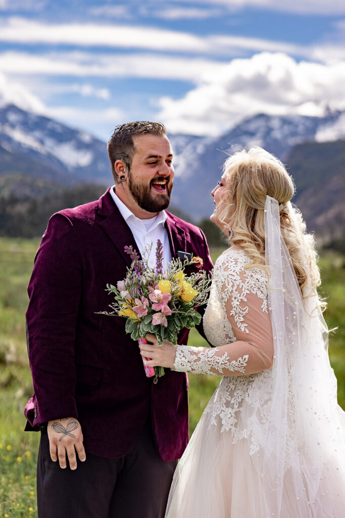 Bride and Groom at Moraine Park, Rocky Mountain National Park, for an Colorado elopement with professional photos by a Colorado elopement photographer