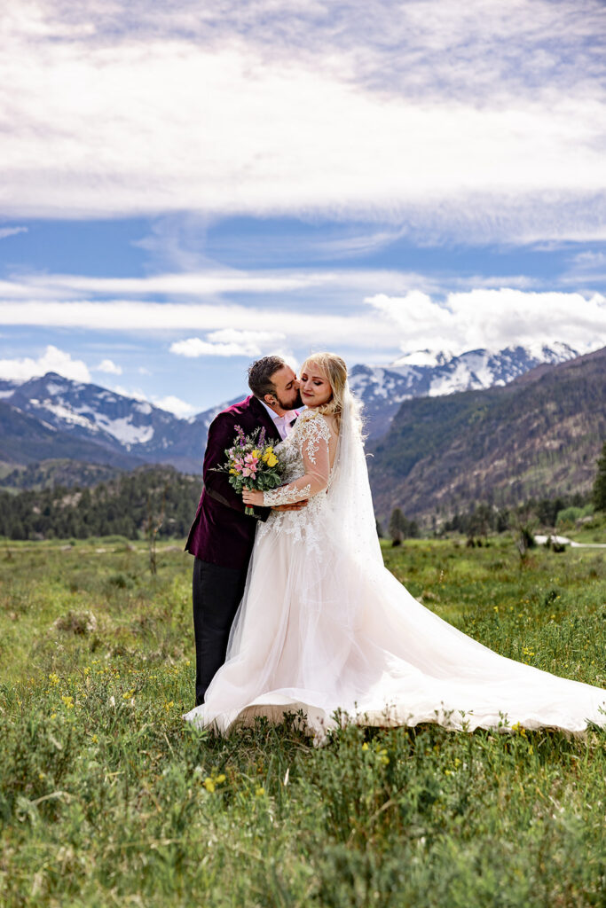 Bride and Groom at Moraine Park, Rocky Mountain National Park, for an Colorado elopement with professional photos by a Colorado elopement photographer