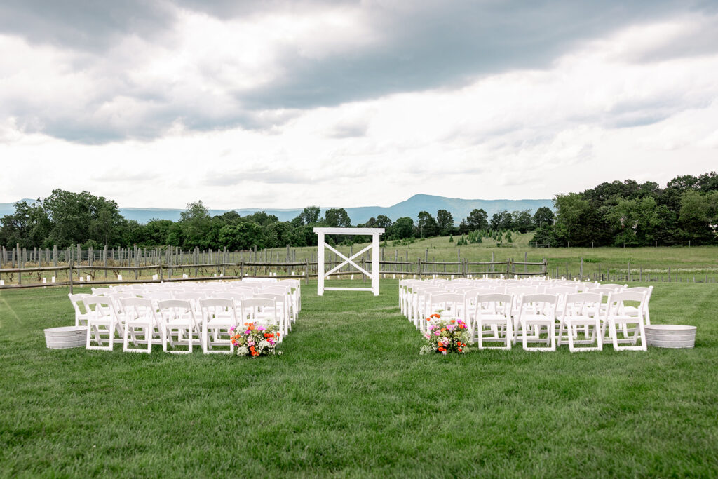 Faithbrooke Farm and Vineyards ceremony set up for a spring wedding in Shenandoah