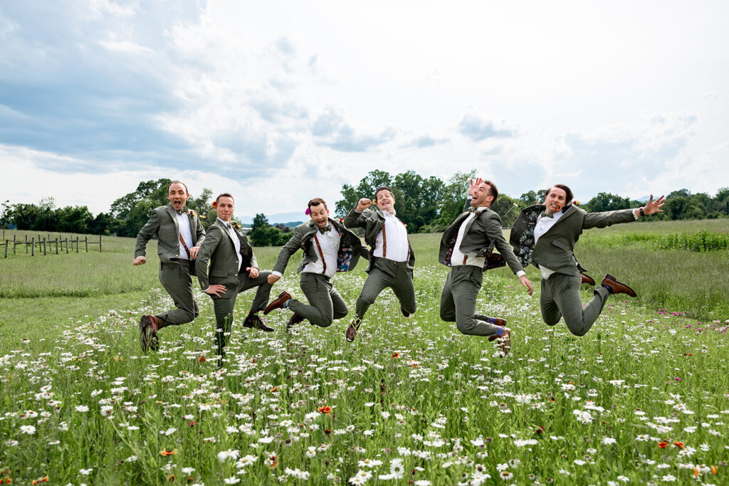 Bridal party during a spring wedding at a shenandoah wedding venue on their wedding day