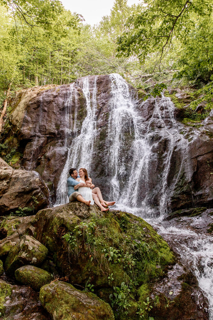 Bride and Groom for a Shenandoah engagement session at a waterfall in Shenandoah Victoria V Photography. Shenandoah waterfalls. Shenandoah sunset. Little Stony Man engagement session. Little Stony Man sunset. The best Shenandoah Wedding Photographer. The best Virginia wedding photographer. Shenandoah elopement photographer. 