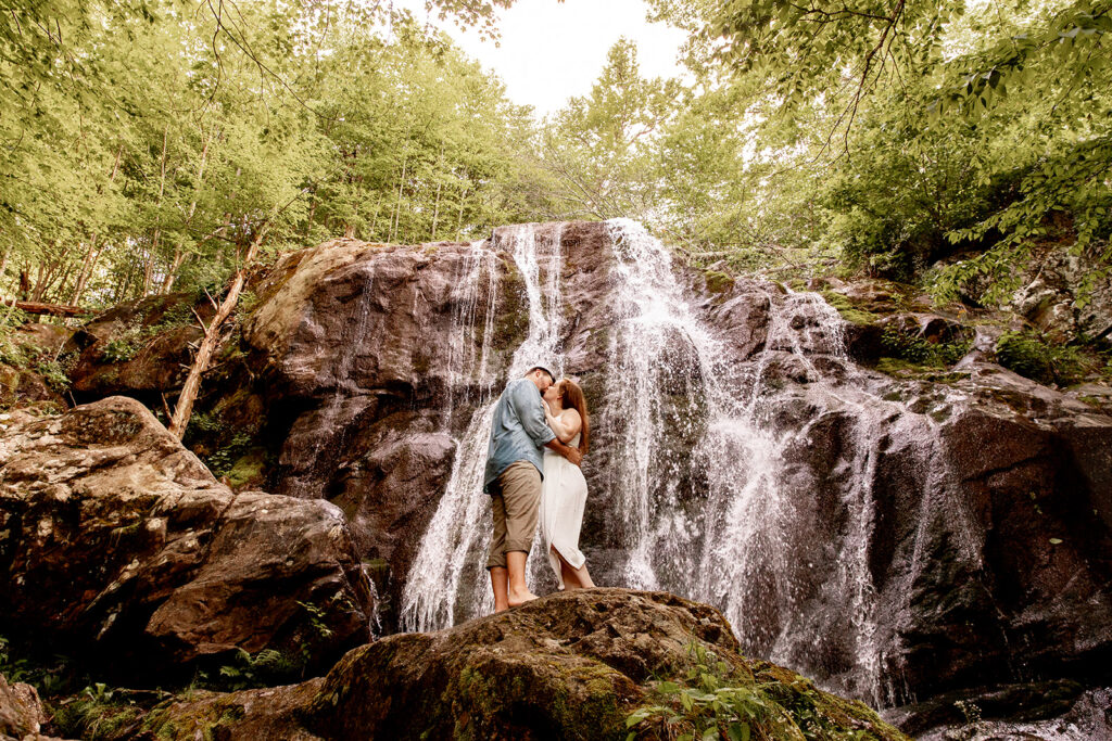 Bride and Groom for a Shenandoah engagement session at a waterfall in Shenandoah Victoria V Photography. Shenandoah waterfalls. Shenandoah sunset. Little Stony Man engagement session. Little Stony Man sunset. The best Shenandoah Wedding Photographer. The best Virginia wedding photographer. Shenandoah elopement photographer. 