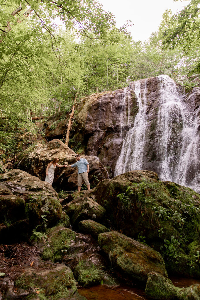 Bride and Groom for a Shenandoah engagement session at a waterfall in Shenandoah Victoria V Photography. Shenandoah waterfalls. Shenandoah sunset. Little Stony Man engagement session. Little Stony Man sunset. The best Shenandoah Wedding Photographer. The best Virginia wedding photographer. Shenandoah elopement photographer. 