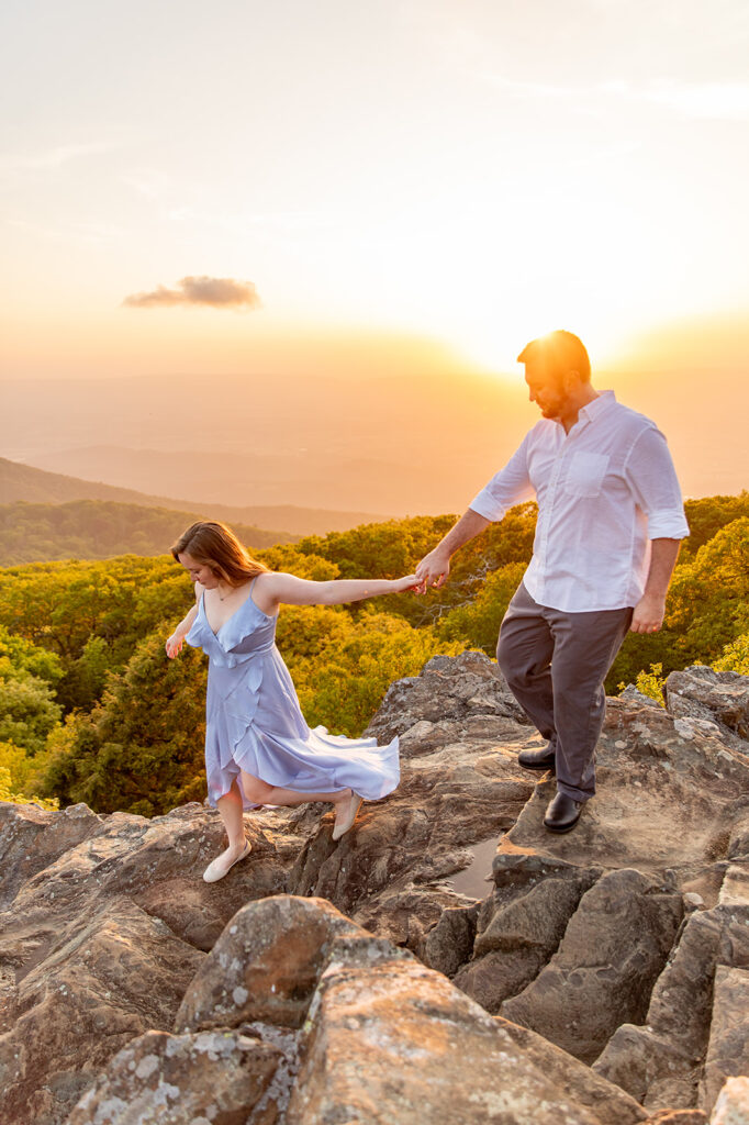 Bride and Groom for a Shenandoah engagement session at sunset with Victoria V Photography. Shenandoah sunset. Little Stony Man engagement session. Little Stony Man sunset. The best Shenandoah Wedding Photographer. The best Virginia wedding photographer. Shenandoah elopement photographer. 