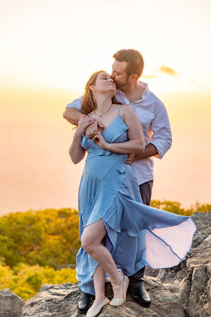 Bride and Groom for a Shenandoah engagement session at sunset with Victoria V Photography. Shenandoah sunset. Little Stony Man engagement session. Little Stony Man sunset. The best Shenandoah Wedding Photographer. The best Virginia wedding photographer. Shenandoah elopement photographer. 