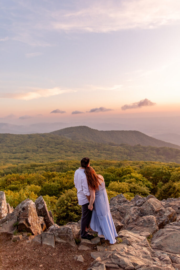 Bride and Groom for a Shenandoah engagement session at sunset with Victoria V Photography. Shenandoah sunset. Little Stony Man engagement session. Little Stony Man sunset. The best Shenandoah Wedding Photographer. The best Virginia wedding photographer. Shenandoah elopement photographer. 