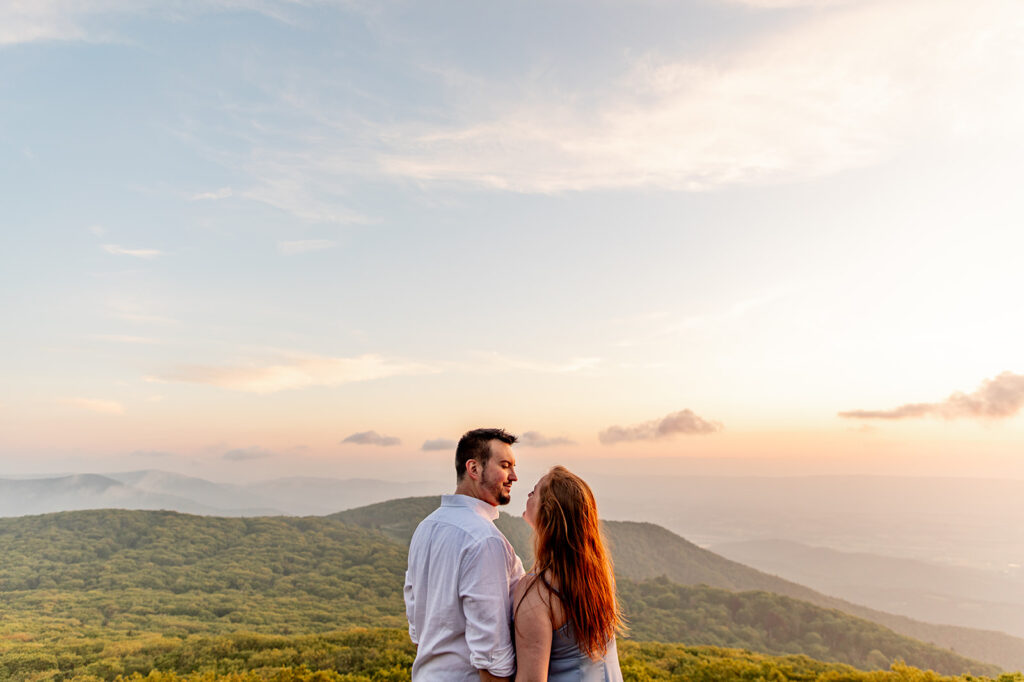 Bride and Groom for a Shenandoah engagement session at sunset with Victoria V Photography. Shenandoah sunset. Little Stony Man engagement session. Little Stony Man sunset. The best Shenandoah Wedding Photographer. The best Virginia wedding photographer. Shenandoah elopement photographer. 