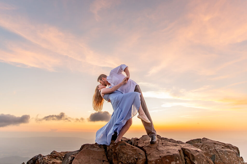 Bride and Groom for a Shenandoah engagement session at sunset with Victoria V Photography. Shenandoah sunset. Little Stony Man engagement session. Little Stony Man sunset. The best Shenandoah Wedding Photographer. The best Virginia wedding photographer. Shenandoah elopement photographer. 