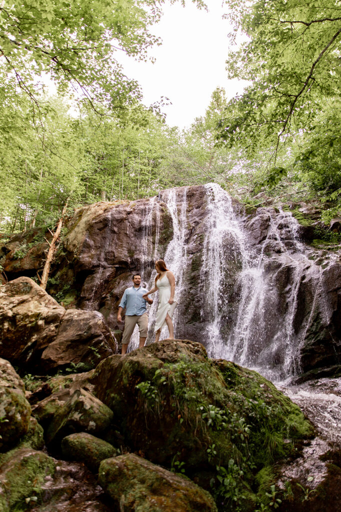 Bride and Groom for a Shenandoah engagement session at a waterfall in Shenandoah Victoria V Photography. Shenandoah waterfalls. Shenandoah sunset. Little Stony Man engagement session. Little Stony Man sunset. The best Shenandoah Wedding Photographer. The best Virginia wedding photographer. Shenandoah elopement photographer. 