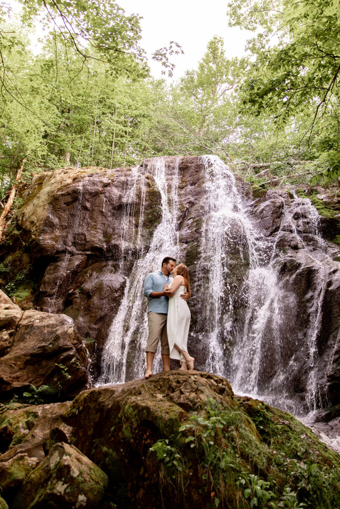 Bride and Groom for a Shenandoah engagement session at a waterfall in Shenandoah Victoria V Photography. Shenandoah waterfalls. Shenandoah sunset. Little Stony Man engagement session. Little Stony Man sunset. The best Shenandoah Wedding Photographer. The best Virginia wedding photographer. Shenandoah elopement photographer. 