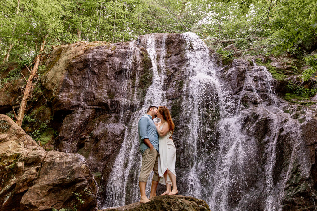 Bride and Groom for a Shenandoah engagement session at a waterfall in Shenandoah Victoria V Photography. Shenandoah waterfalls. Shenandoah sunset. Little Stony Man engagement session. Little Stony Man sunset. The best Shenandoah Wedding Photographer. The best Virginia wedding photographer. Shenandoah elopement photographer. 