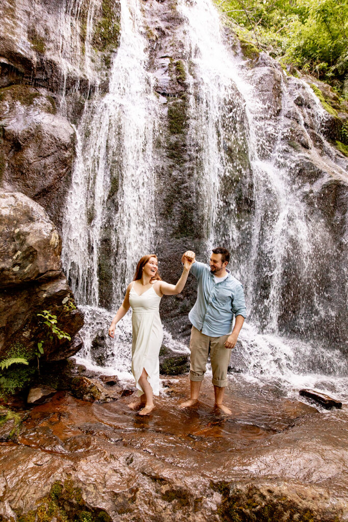 Bride and Groom for a Shenandoah engagement session at a waterfall in Shenandoah Victoria V Photography. Shenandoah waterfalls. Shenandoah sunset. Little Stony Man engagement session. Little Stony Man sunset. The best Shenandoah Wedding Photographer. The best Virginia wedding photographer. Shenandoah elopement photographer. 