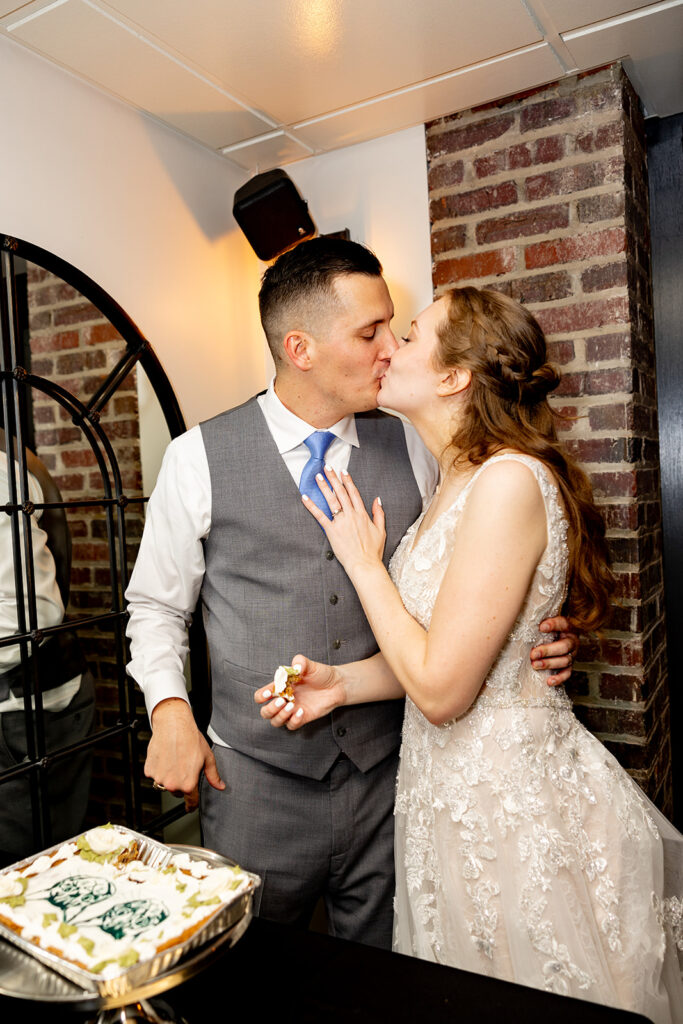 Romantic wedding portraits in downtown Fredericksburg, VA with a happy newlywed couple.