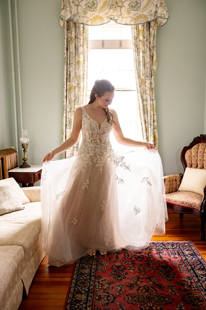 Bride getting ready for her wedding at The Ironclad Inn in downtown Fredericksburg, VA.