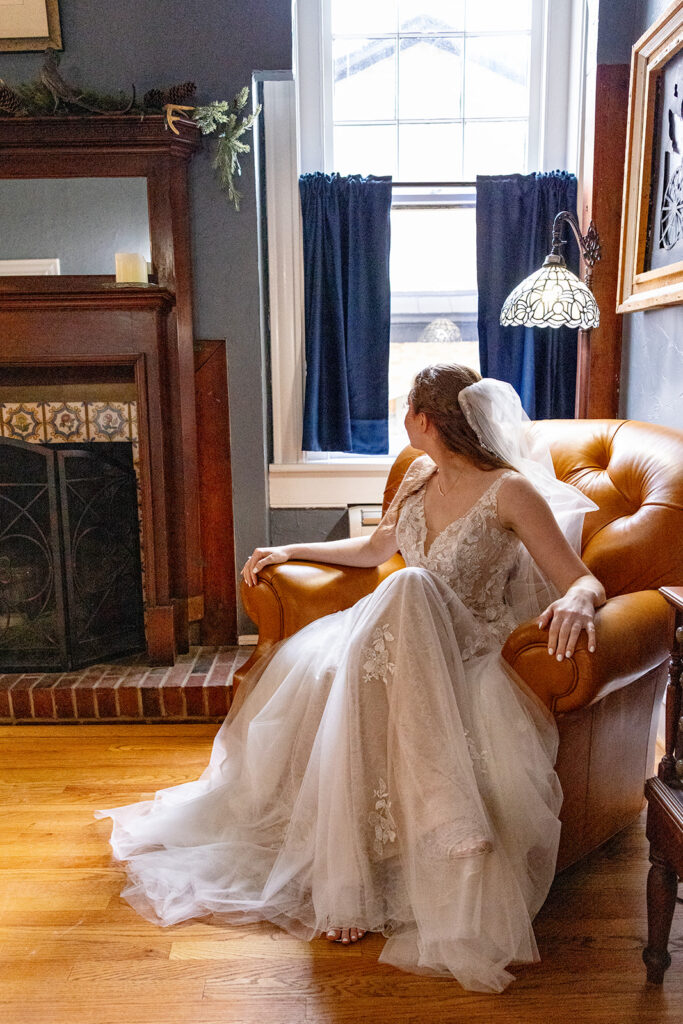 Romantic wedding portraits in downtown Fredericksburg, VA with a happy newlywed couple.