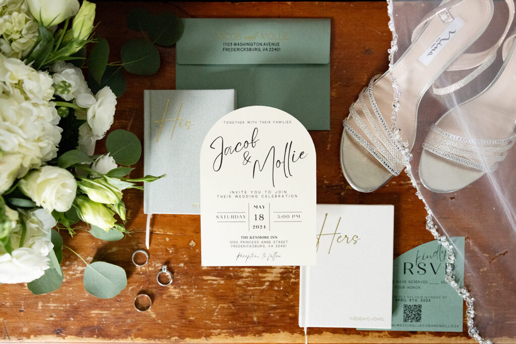 Close-up of wedding rings and bridal accessories at a Fredericksburg wedding venue.