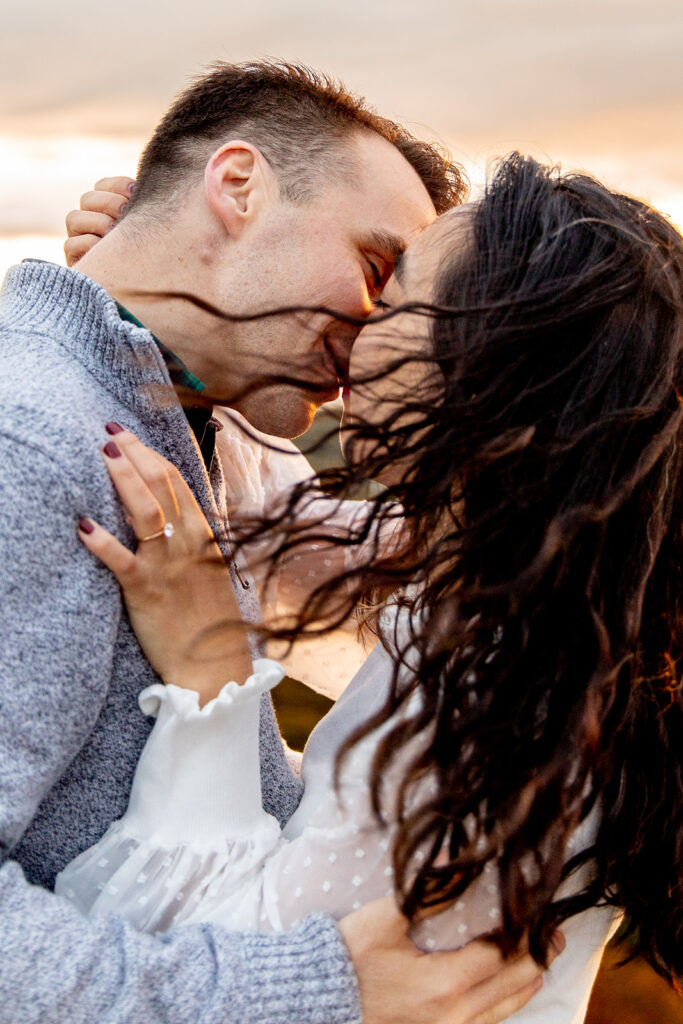 Bride and groom pose for engagement photos at golden hour in Shenandoah Valley with Victoria V Photography. Shenandoah wedding photographer. Shenandoah elopement photographer. Shenandoah sunset. Little Stony Man. Sunsets at Little Stony Man. Little Stony Man engagement session. Virginia elopement photographer.