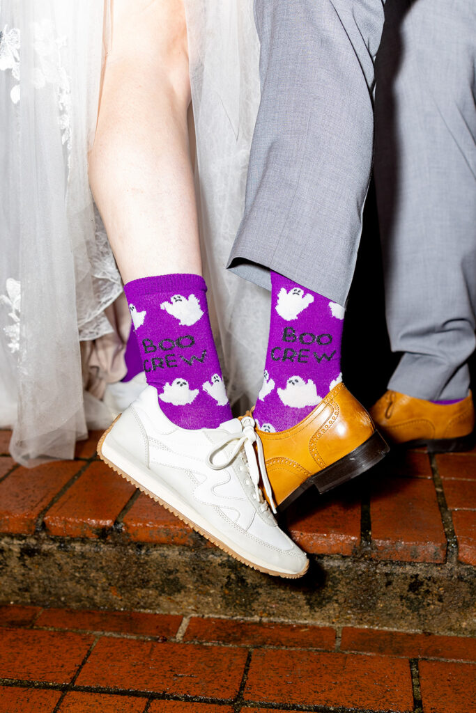 Romantic wedding portraits in downtown Fredericksburg, VA with a happy newlywed couple.