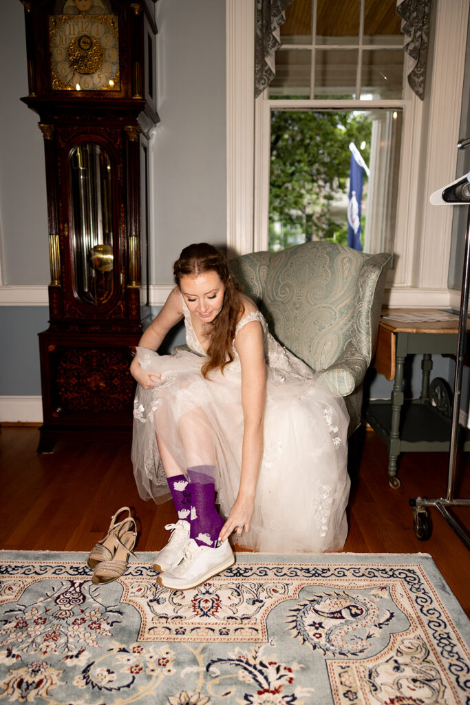 Romantic wedding portraits in downtown Fredericksburg, VA with a happy newlywed couple.