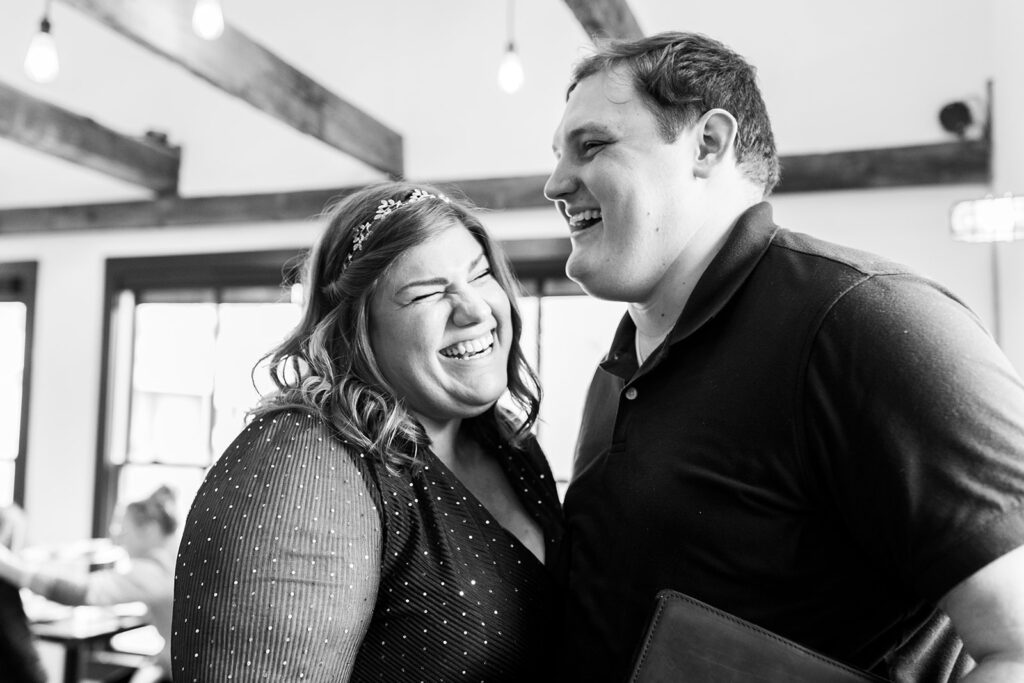 Bride and groom enjoy an intimate laugh and joy-filled moment before eloping in Shenandoah National Park