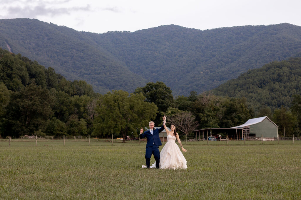 Bride and groom at their elegant Blue Ridge Mountain wedding at Stoneyman Valley Ranch – romantic sunset portraits, adventurous love, and breathtaking views.