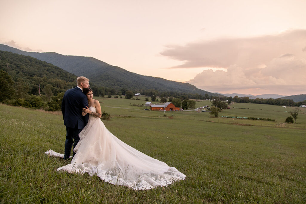 Bride and groom at their elegant Blue Ridge Mountain wedding at Stoneyman Valley Ranch – romantic sunset portraits, adventurous love, and breathtaking views.