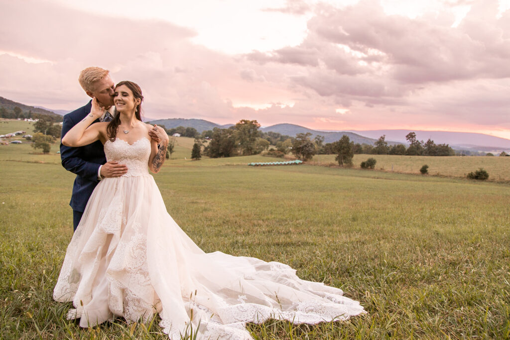 Bride and groom at their elegant Blue Ridge Mountain wedding at Stoneyman Valley Ranch – romantic sunset portraits, adventurous love, and breathtaking views.