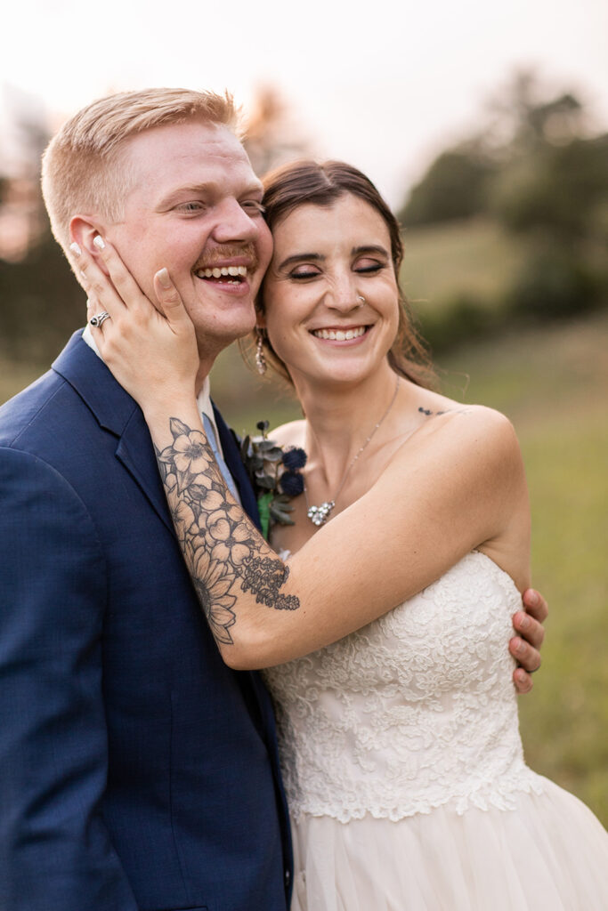 Bride and groom at their elegant Blue Ridge Mountain wedding at Stoneyman Valley Ranch – romantic sunset portraits, adventurous love, and breathtaking views.