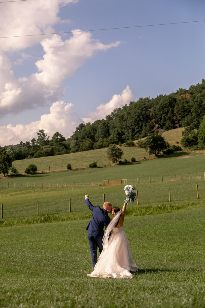 Bride and groom at their elegant Blue Ridge Mountain wedding at Stoneyman Valley Ranch – romantic sunset portraits, adventurous love, and breathtaking views.