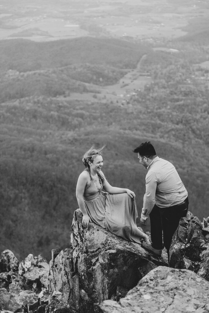 Adventure engagement session at Little Stony Man with stunning Blue Ridge Mountain views