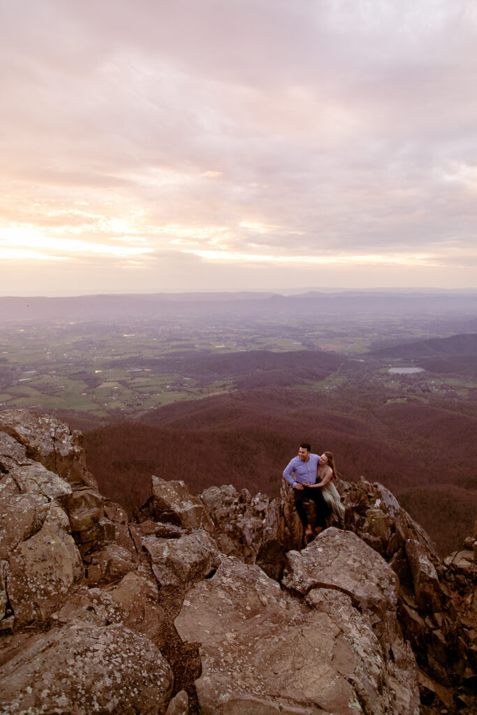 Adventure engagement session at Little Stony Man with stunning Blue Ridge Mountain views