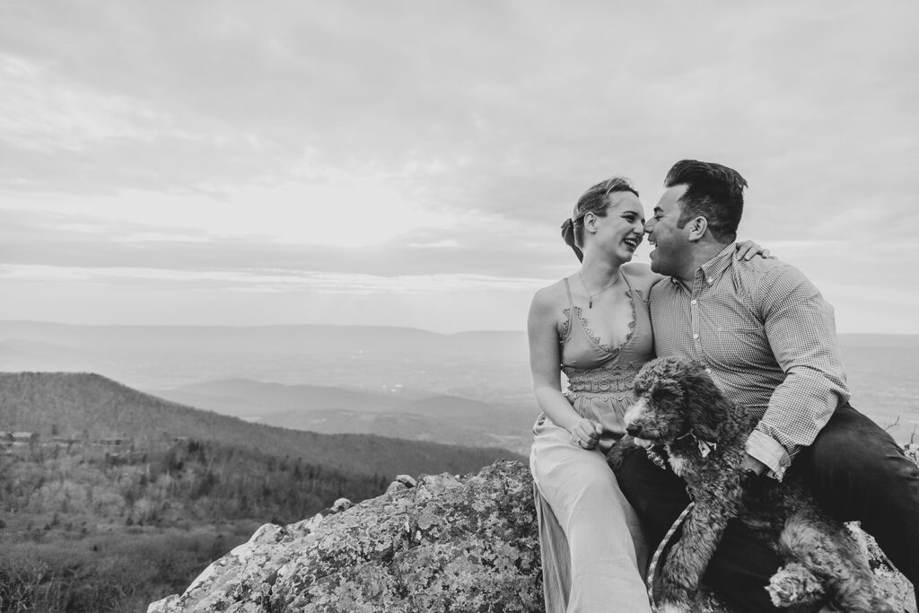 Adventure engagement session at Little Stony Man with stunning Blue Ridge Mountain views