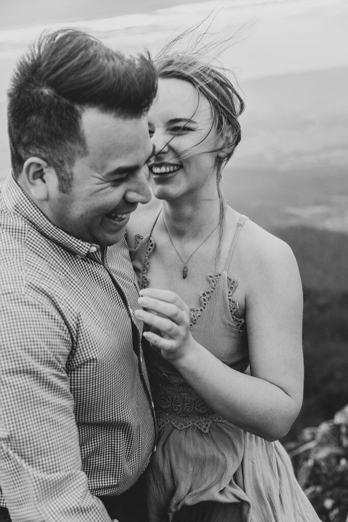 Adventure engagement session at Little Stony Man with stunning Blue Ridge Mountain views