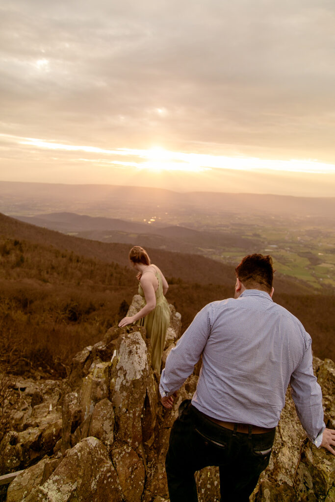 Adventure engagement session at Little Stony Man with stunning Blue Ridge Mountain views