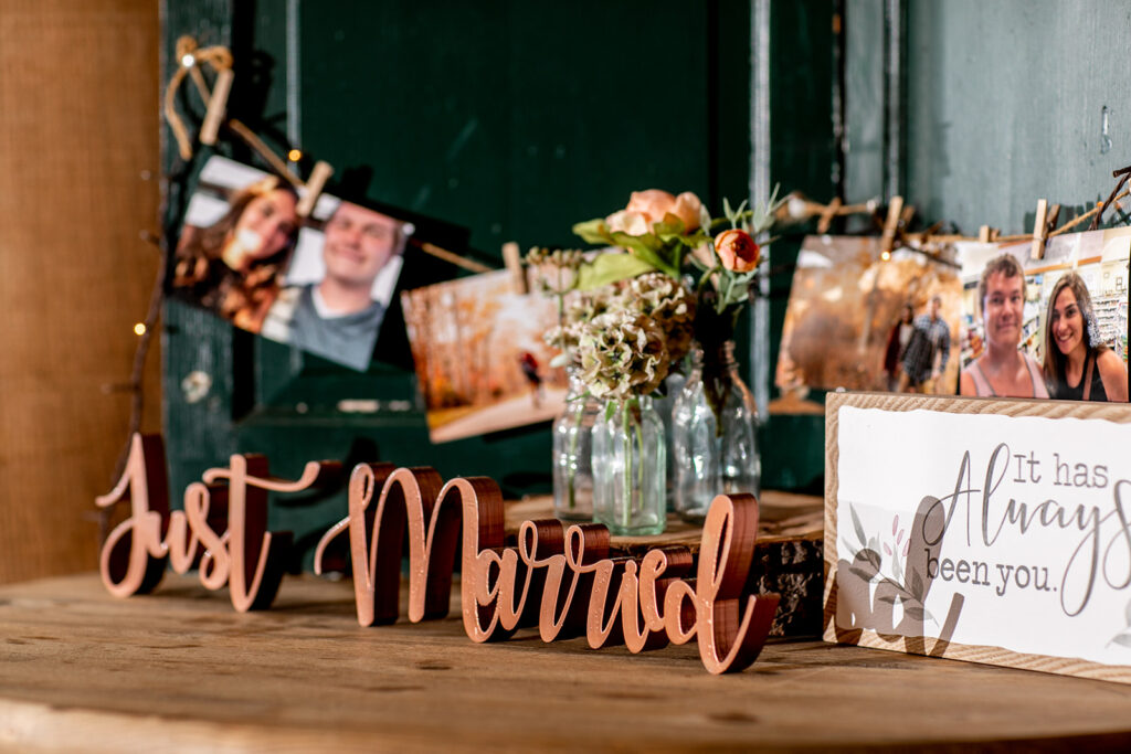 Elegant spring wedding details at Oak Creek Farm in Virginia – romantic floral arrangements, rustic chic decor, and personalized touches from a bride and groom's countryside celebration.