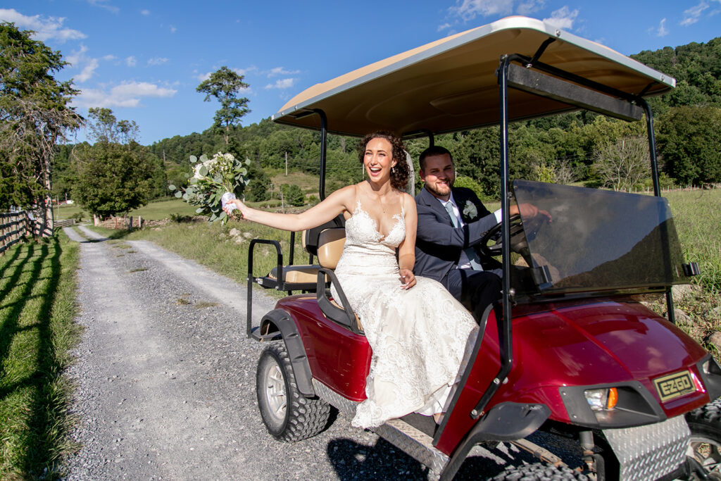 Elegant and adventurous mountain wedding at Stoneyman Valley Ranch – bride and groom portraits with Blue Ridge Mountain views, joyful first look, fun bridal party moments, and stunning sunset photos atop Little Stoneyman Overlook.