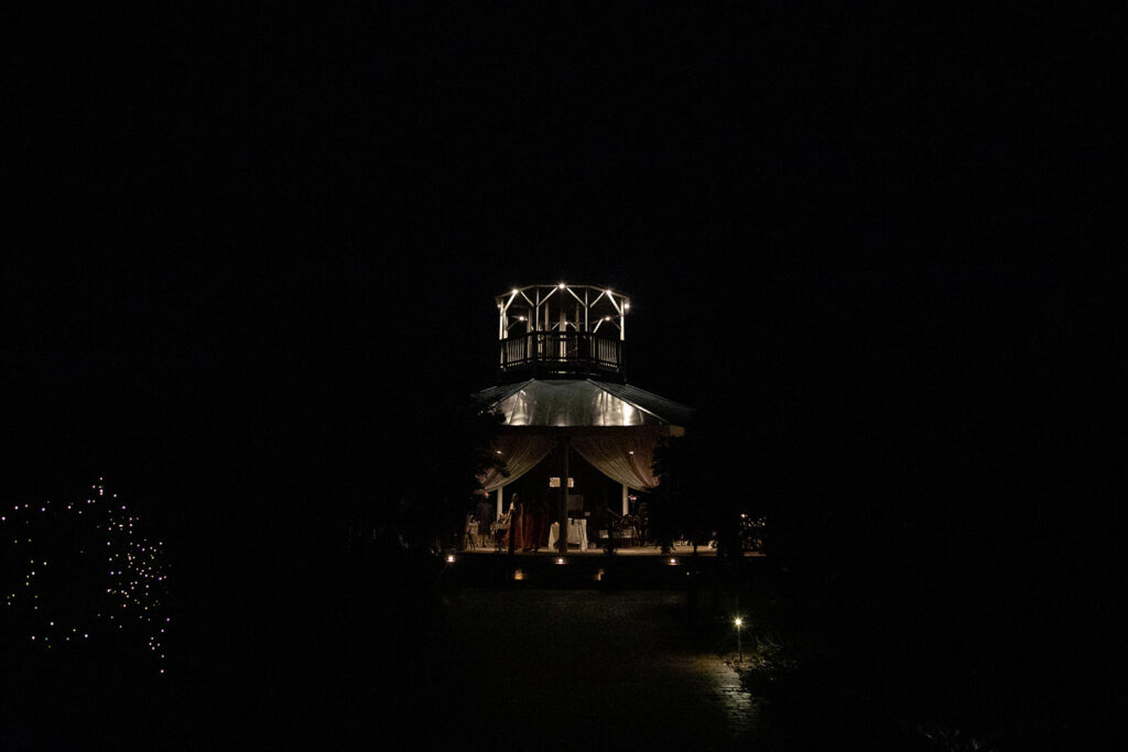 Nighttime photo of reception space at garden wedding in Northern Virginia