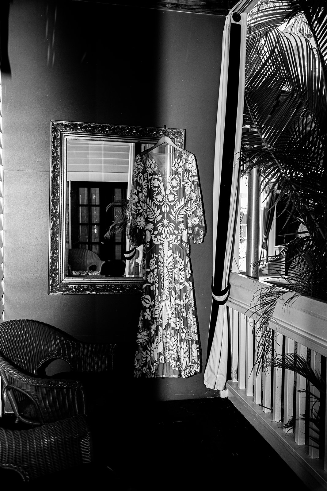 Black and white photo of wedding dress for destination wedding in Key West