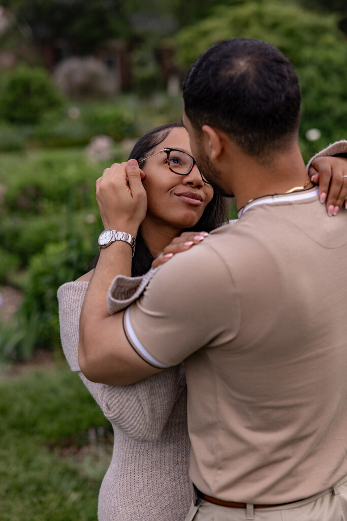 Candid engagement portrait of a newly engaged couple connecting during a DC area engagement session