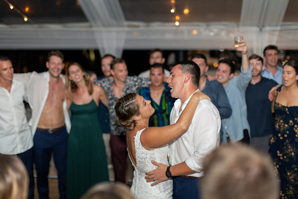 Newly weds enjoying a casual dance during the reception.