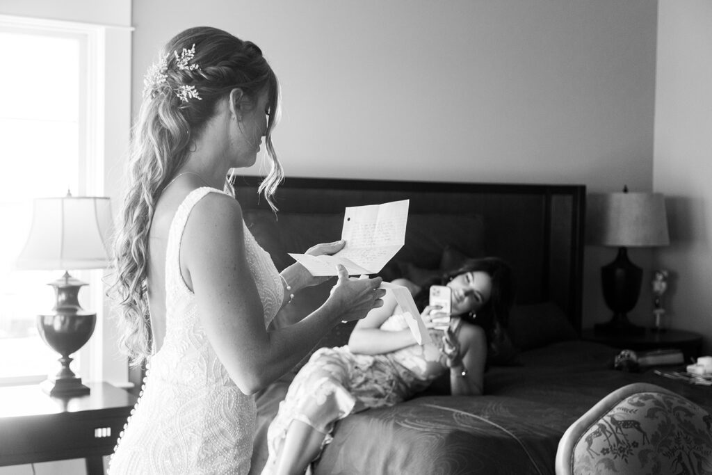 Bride getting ready with friends during a relaxed Ocean City MD beach wedding