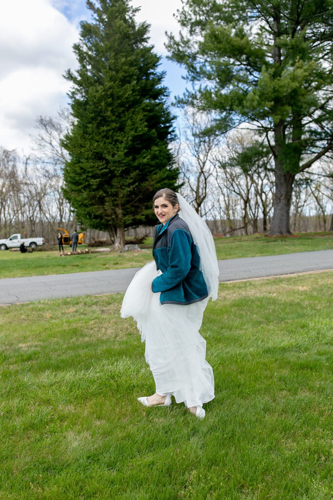 First look wedding photos at The Woodlands at Algonkian by evergreen trees