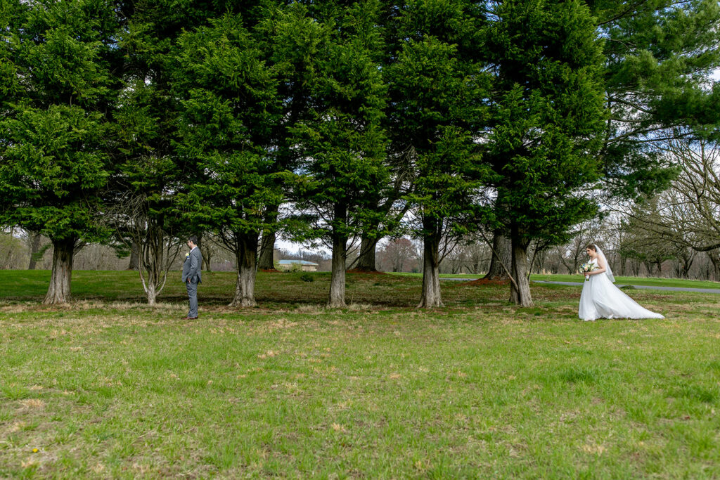 First look wedding photos at The Woodlands at Algonkian by evergreen trees