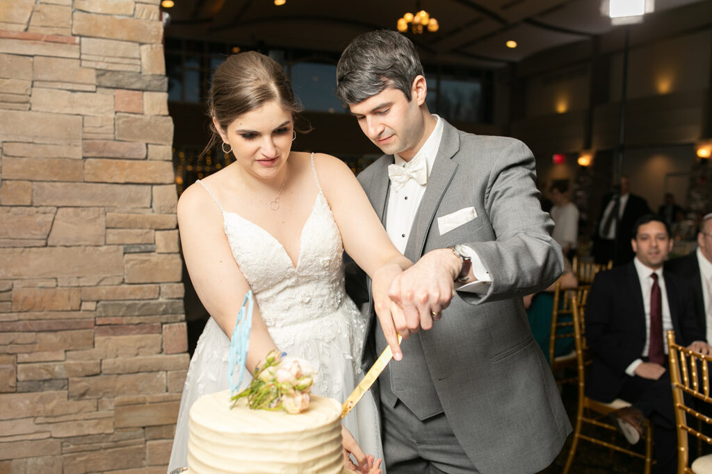 Cake cutting moment during wedding reception