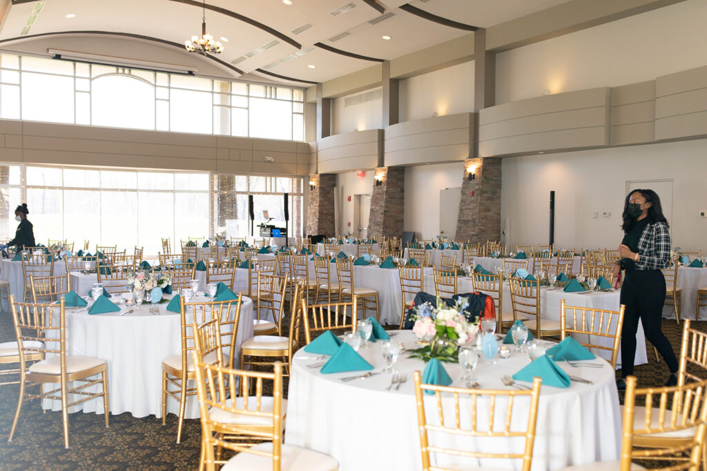 Spring wedding reception decor at The Woodlands at Algonkian