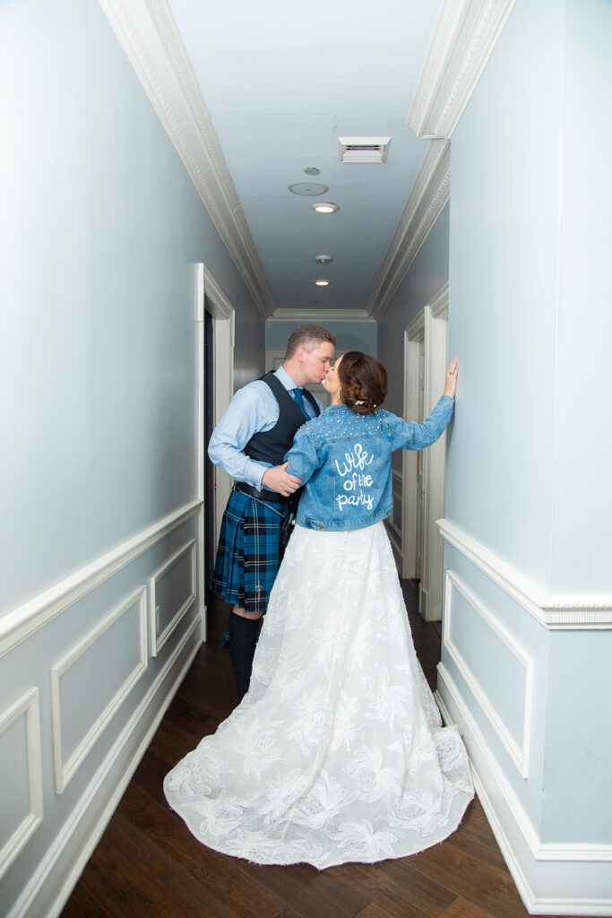 Bride and groom sharing a quiet moment during their wedding reception at the Morrison House in Alexandria.